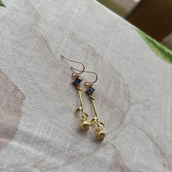 Novelty Sapphire Blue Topaz Rose Earrings, Spring Rose Casual Fun Gift Earrings - Picture 2 of 7